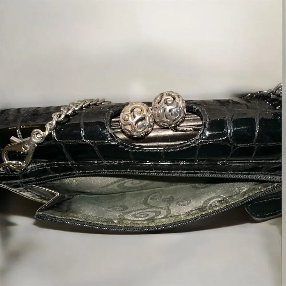 Brighton Black Crocodile Embossed Silver Floral Hardware Wallet Crossbody Chain
